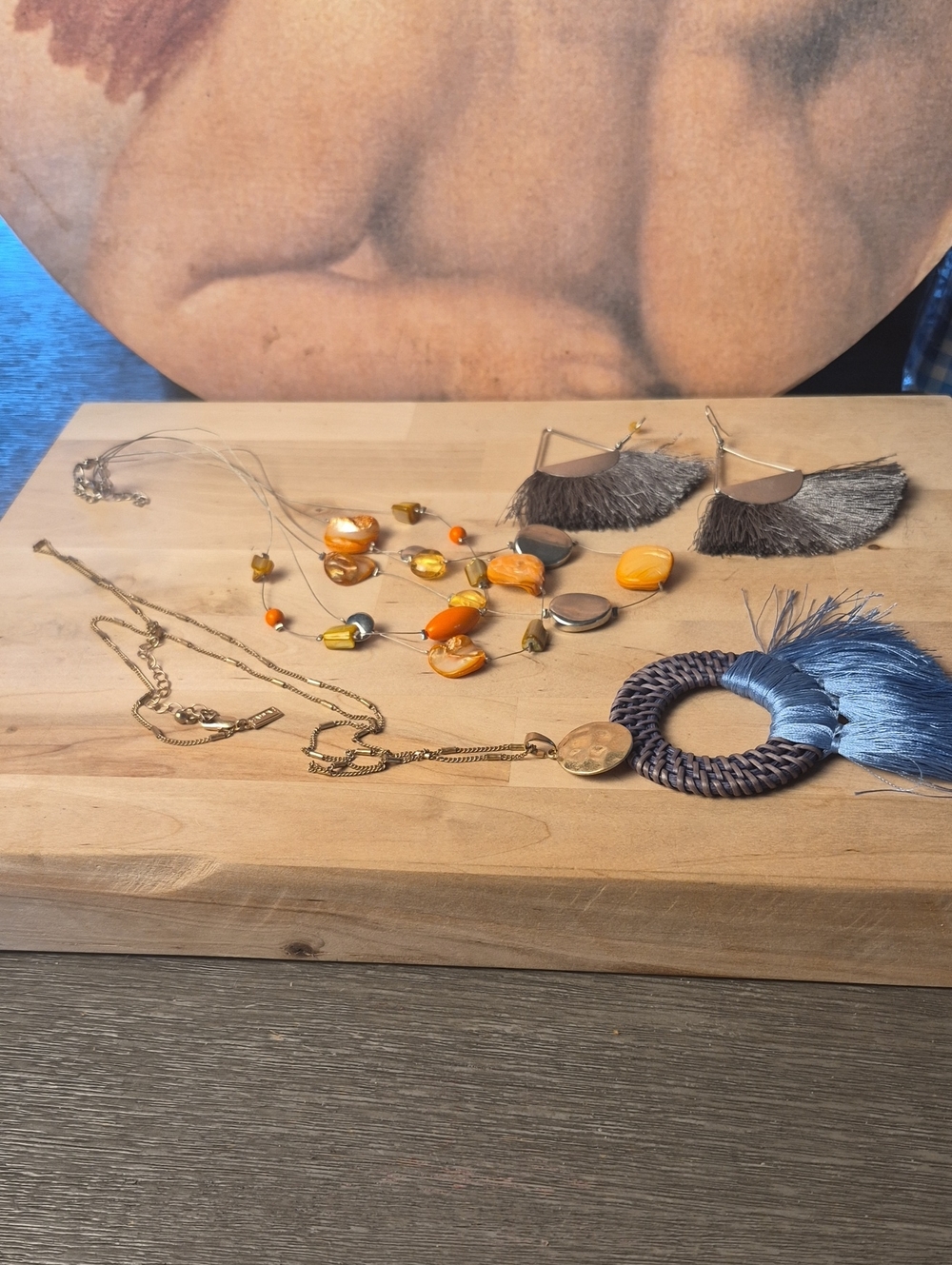 Boho Tassel Hoop Necklace and Earrings in Blue And Orange Shell Necklace